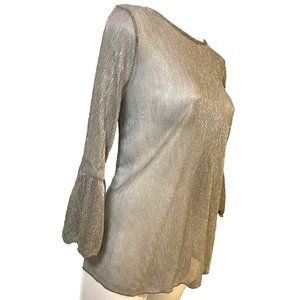 Cocktail Party Blouse Silver Shimmer Sheer Flutter Bell Sleeves Tie Back Size M